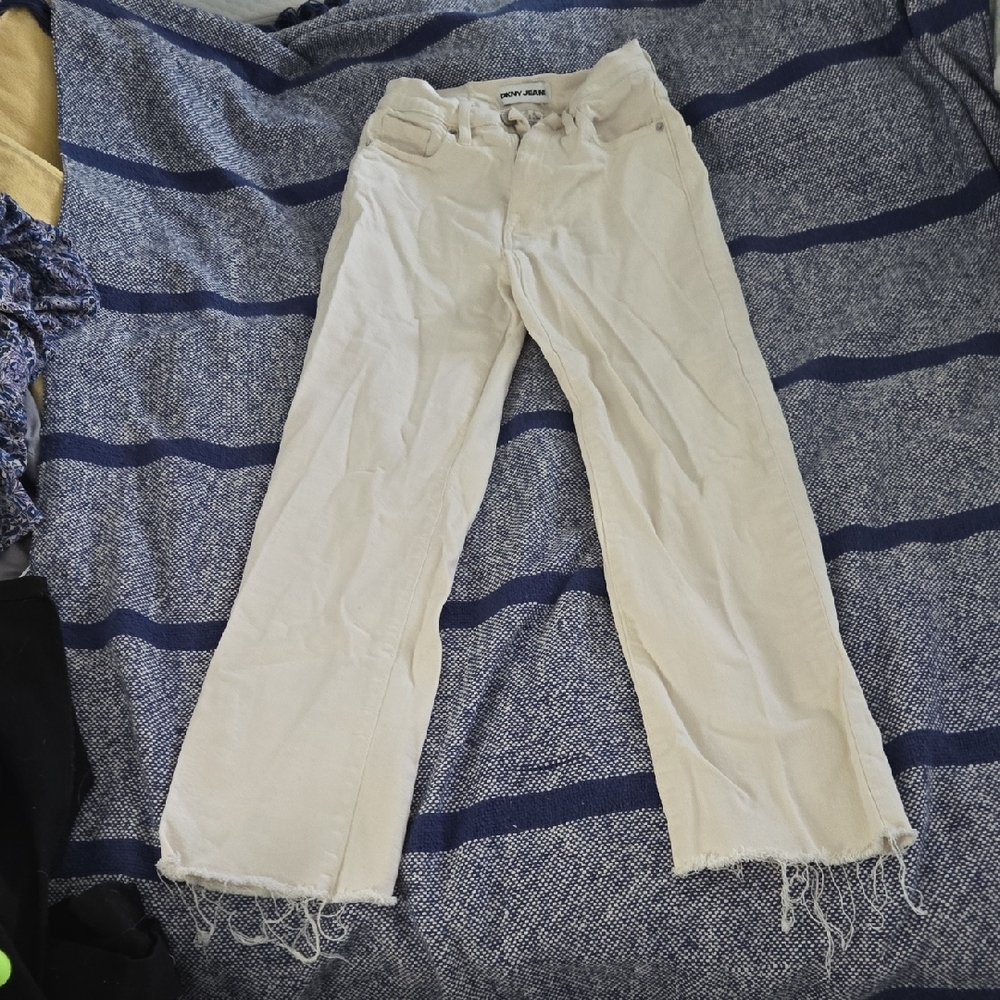 DKNY Cream Wide-Leg Jeans with Raw Hem